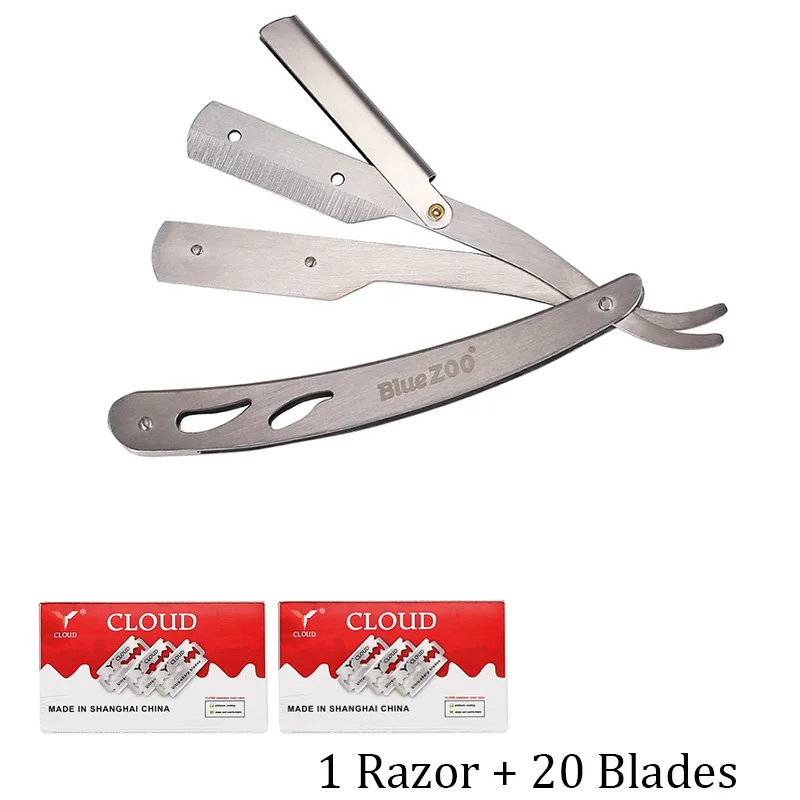 

Blue Zoo 1Set Men Straight Barber Edge Razors Folding Shaving Knife Hair Removal Tools With 20Pcs Blades 6Cr13 Stainless Steel