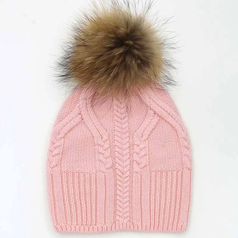 Новинка, стильные зимние шапки для женщин, модные шапки из шерсти и меха с помпонами, темно-синие Меховые помпоны, вязаные шапки - Цвет: pink