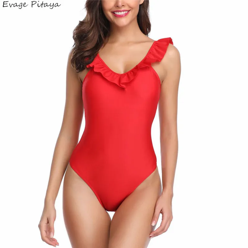 

Evage pitaya 2019 new swim suit women swimwear tie a knot high leg one piece ruffles backless trims for swimwear