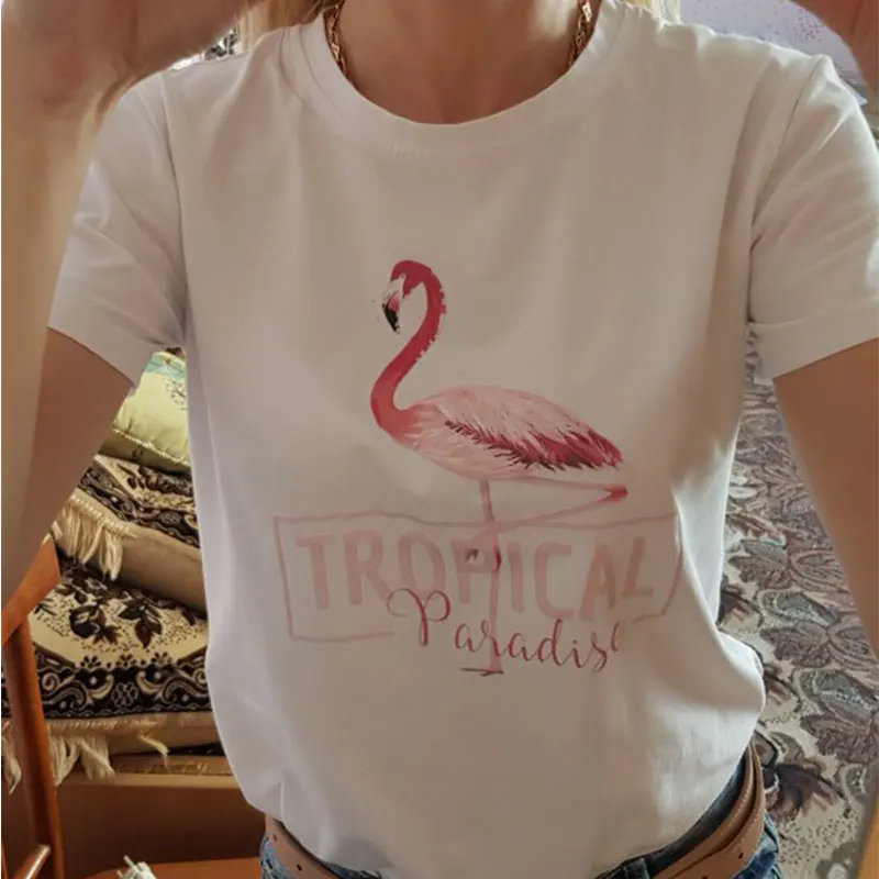 Милая женская футболка с принтом фламинго, тропический рай, новинка, летняя уличная футболка, Harajuku, Vogue, кавайный стиль, 90 S, футболка