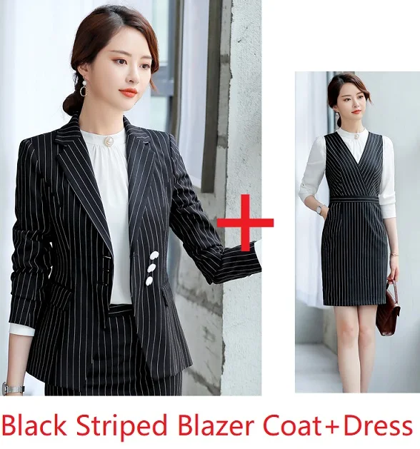 Black Striped Формальные профессиональные деловые костюмы с платьем и топами для женщин офисная Рабочая одежда блейзеры модные OL Стили Новинка полосатый - Цвет: Black Striped
