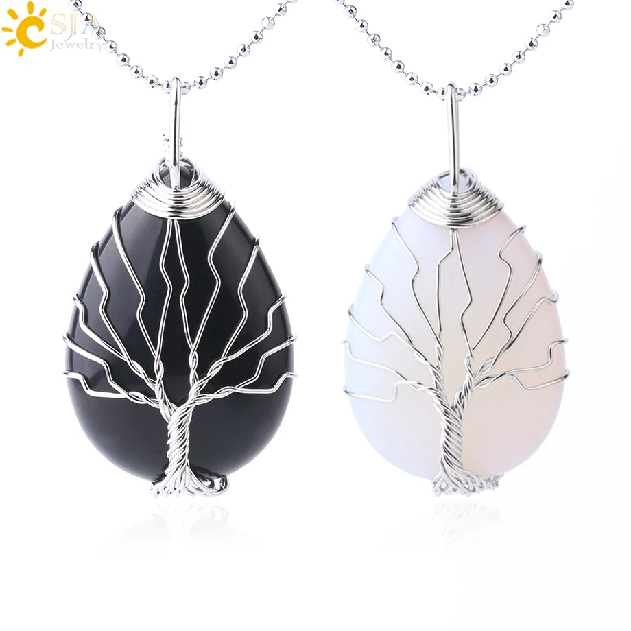 

CSJA Water Drop Tree of Life Pendants Necklace Silver Color Wire Wrap Black Onyx Opal Stone Pendant Women Men Reiki Jewelry F765