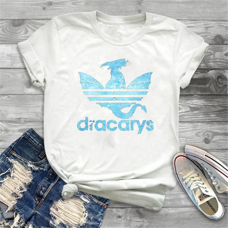 Showtly Dracarys GAME OF THRONE Female T Shirt Women Summer Dragon Print White Casual Plus Size Streetwear Fashion T shirt - Цвет: XWT0012-8-white