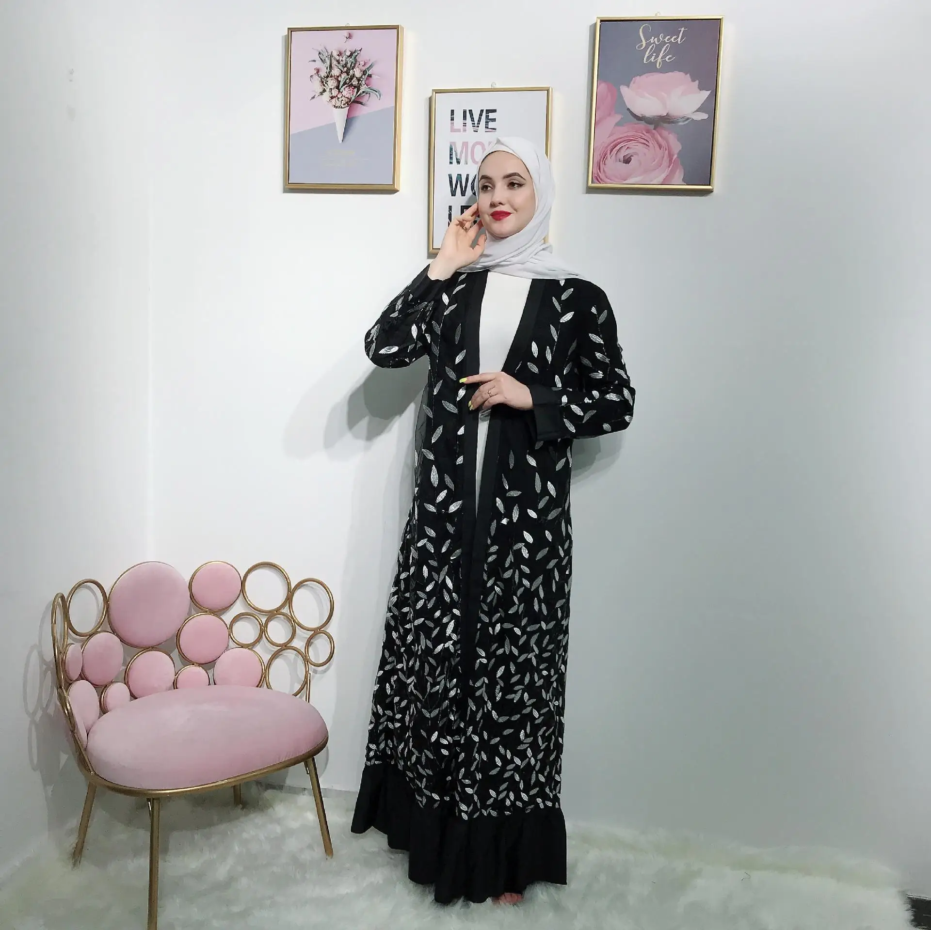 Дубай блесток абайя Кружева Вышивка открытый кардиган jilbaw женщин мусульманское длинное платье для девочки халат кимоно кафтан платье мусульманские платья