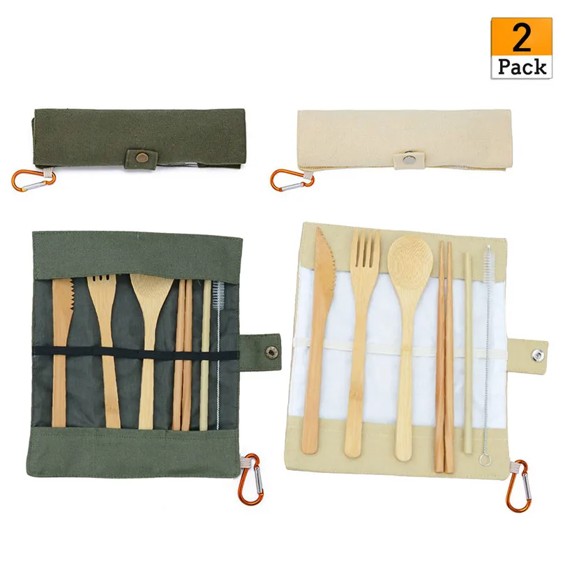 Portable Bamboo Dinnerware Sets Travel Eco-friendly Fork Spoon Straw Set With Carrying Case Hiking Camping #4A03 (2)