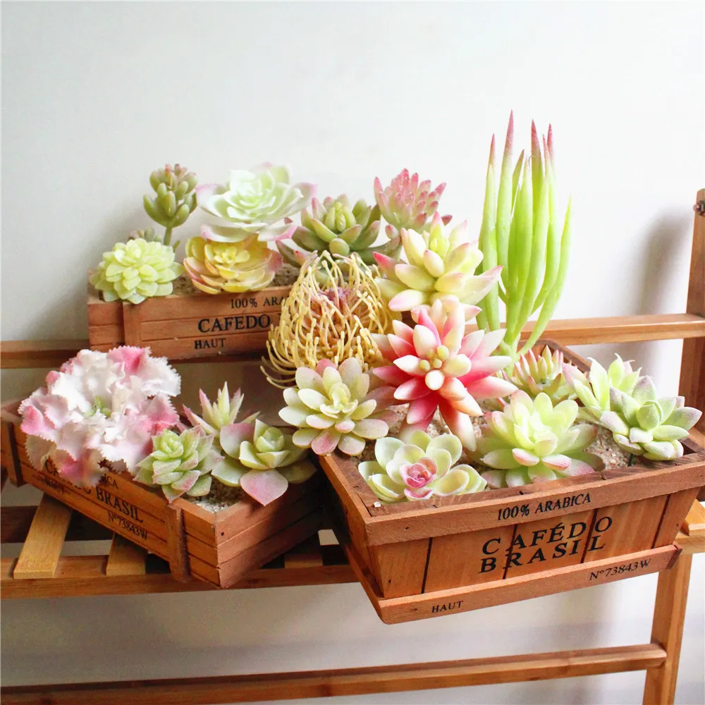 

White Flocking Artificial Succulents Plants Flower Arrangement Accessories Desktop Bonsai Home Garden Decoration Fake Plants