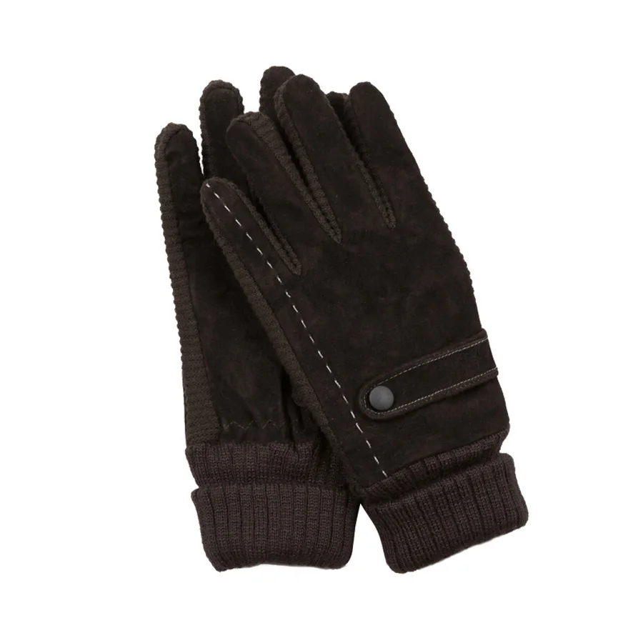 Fashion warm 2014 winter men leather gloves wrist black solid color thicken knitted pigskin Genuine leather winter gloves S126