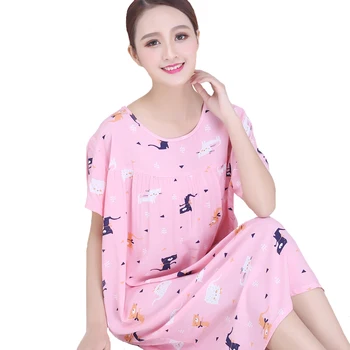 

One Size Women Sleepshirt 2020 Summer O-Neck Night Gown Cotton Nightgown Negligee Printed Nightdress Loose Sleepwear Homewear