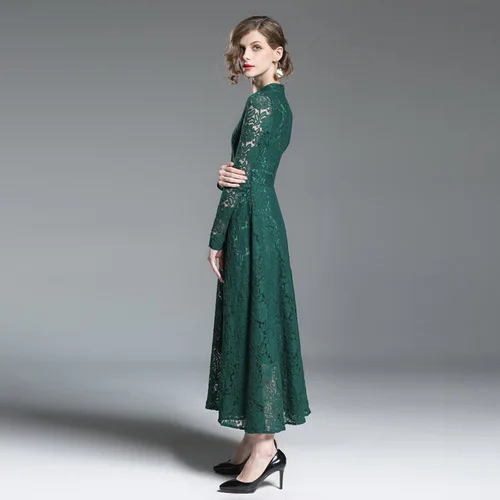 2018 Autumn Lace Solid Color Fashion Temperament V-neck Long-sleeved Mid-rise Slim Fit Dress Dresses
