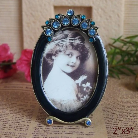 Cute Small Bronze Blue Rhinestones Jeweled Alloy Photo Frame 2x3