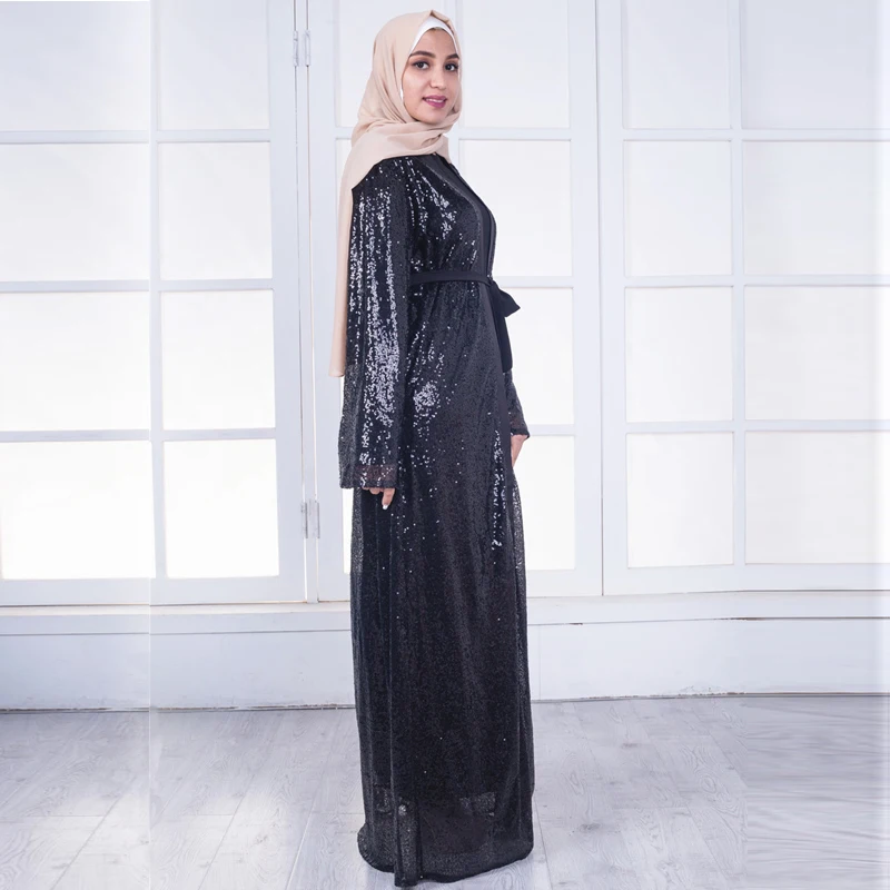 MISSJOY/платье с пайетками abaya, Дубай, Исламские мусульманские Вечерние платья, арабское женское черное модное кимоно с открытым передом, длинное платье-кардиган макси