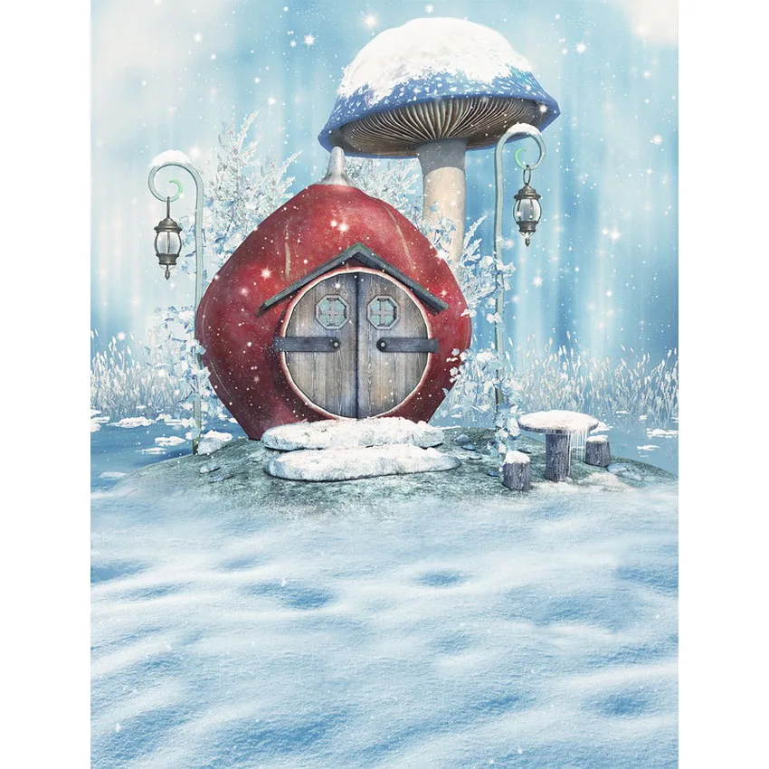 

Wonderland vinyl cloth winter cute snow house mushroom photography backdrops for children baby photo studio portrait backgrounds