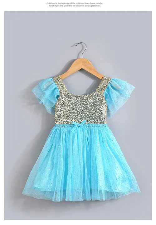 Платье принцессы с рукавами-лепестками для девочек, детские сетчатые Бальные платья с блестками, Детская праздничная одежда на выпускной - Цвет: Небесно-голубой