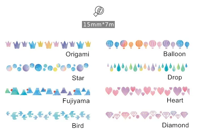 8 шт./лот воды цвет бумаги Липкой Ленты Kawaii Сердце diamond птица васи клейкая лента наклейки для дневника канцелярские FJ147