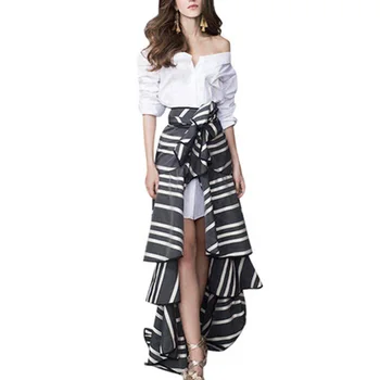 

European High Street Runway Summer Fashion Skirt Suits Slash Neck White Shirt Printed Ball Gown Skirt Sexy Twin Sets