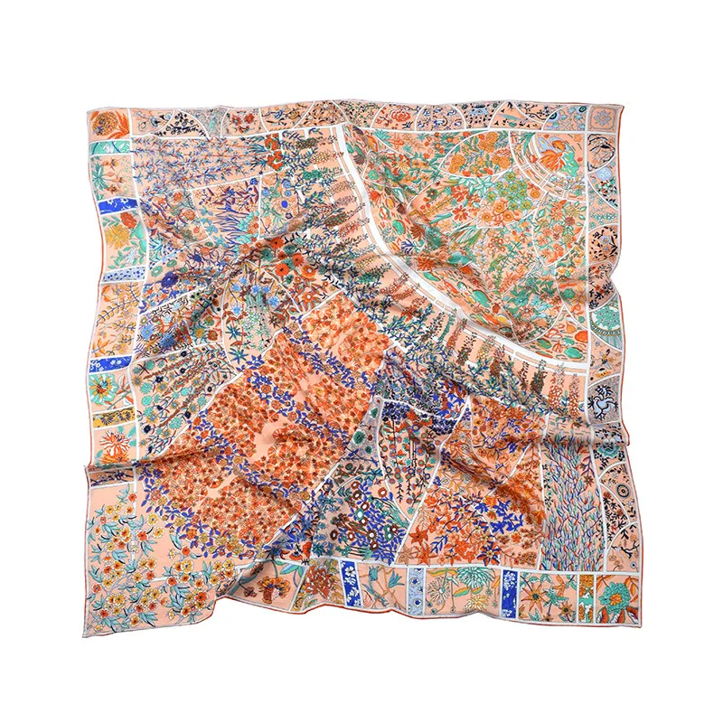 

POBING 100% Real Silk Scarf Women Palace Garden Print Square Scarves Best Quality Hand Rolled Large Foulard Femme Bandana 110CM