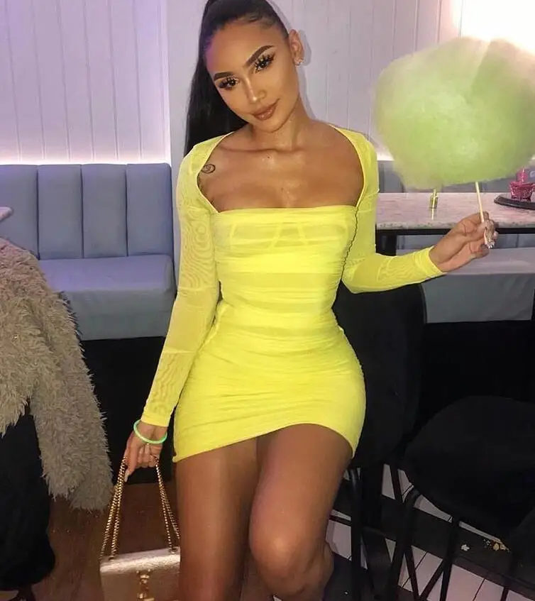 

Hot Sale Sexy Long Sleeve Yellow Women Fashion Dress 2018 Elegant Bodycon Party Dress