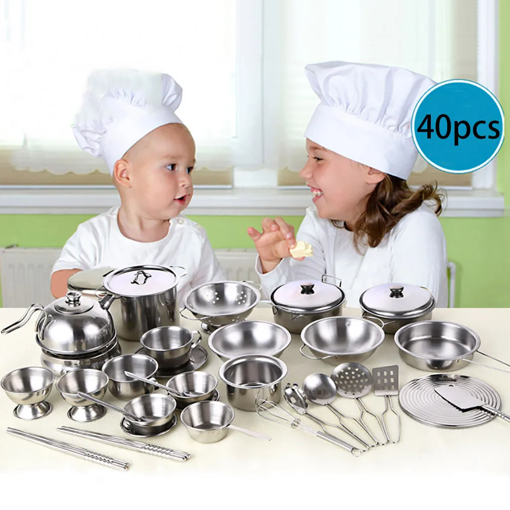 

40Pcs Children Pretend Role Play Set Stainless Steel Kids Play House Kitchen Toys Cookware Cooking Utensils Pots Pans Toy T6#