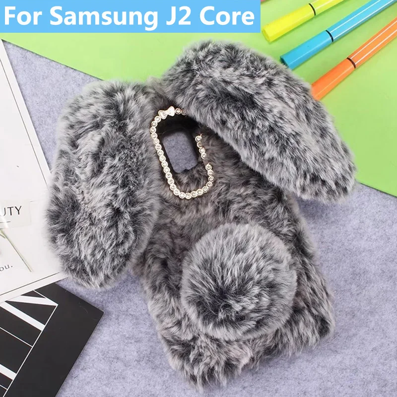

Plush Bunny Case for Samsung Galaxy J2 Core Soft Fur Cute 3D Rabbit Ears TPU Bling Diamond Fluffy Phone Case Cover