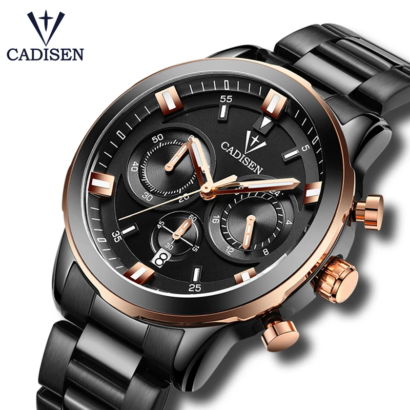 

Men Quartz Watch CADISEN Luxury Brand Stainless Steel Business Chronograph Men Watch Waterproof Military Watch relogio masculino