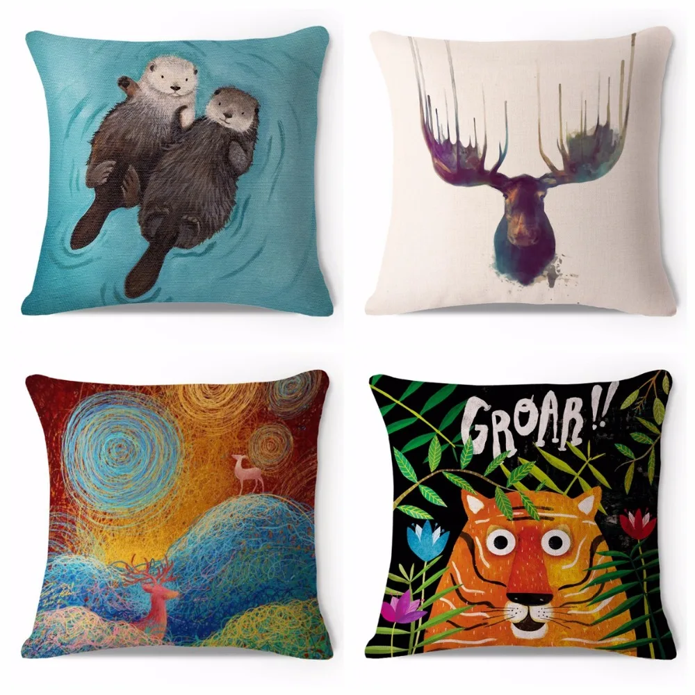 Decorative Throw Pillow Case Animal Moose Peacock Feather Deer Tiger