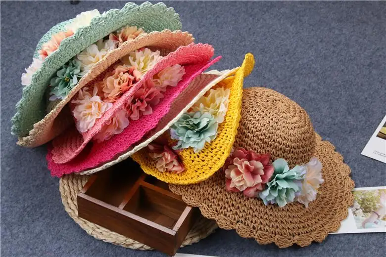 BINGYUANHAOXUAN/Новинка года; Корейская весенне-летняя детская соломенная шляпа ручной работы с цветами; пляжные шляпы для маленьких девочек; складная детская шляпа от солнца
