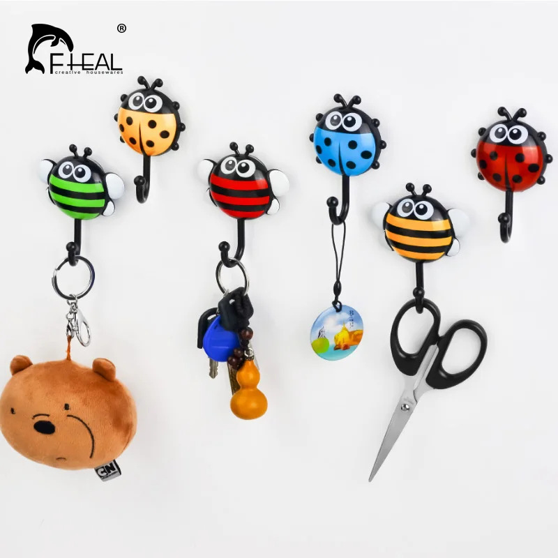 

FHEAL 2pcs Creative Ladybug/Bee Cartoon Bathroom Wall Hooks Kitchen/Bedroom Sucker Free Nail Hook Wall Decorative Hooks