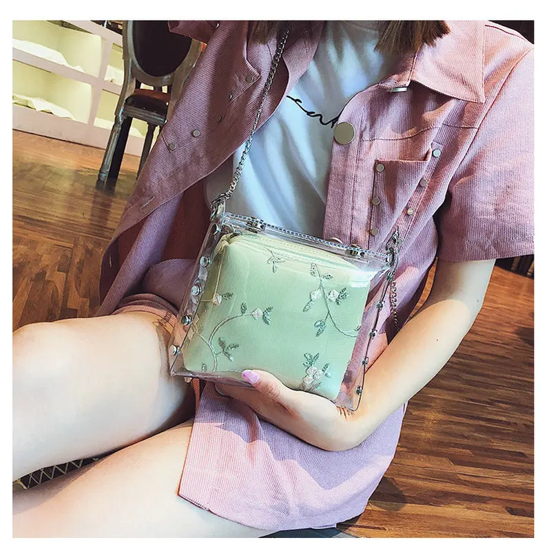 

2019 summer new transparent PVC ladies shoulder bag jelly candy color female shoulder messenger bag Wild lace chain bag C41-20