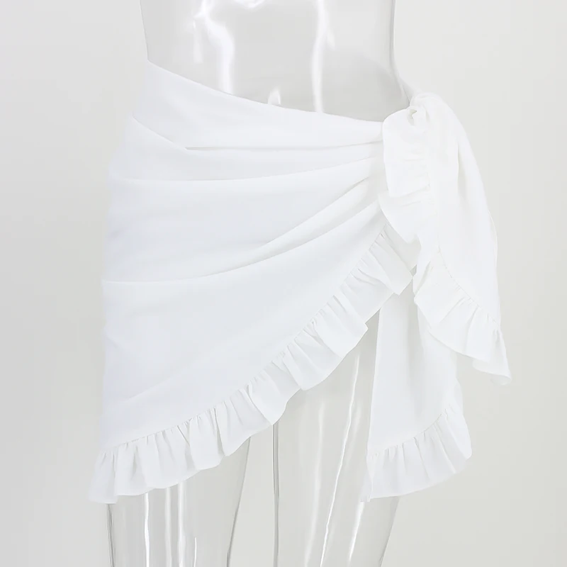 PFFLOOK длинная юбка с оборками и высокой талией Женская однотонная сетчатая летняя пляжная юбка макси модная Сексуальная Асимметричная юбка - Цвет: Белый