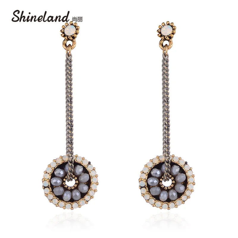 

Shineland Ethnic Bohemia Flower Round Long Chain 3 Colors Drop Earring for Women Shiny Crystal Charm Bijoux Accessories Brincos