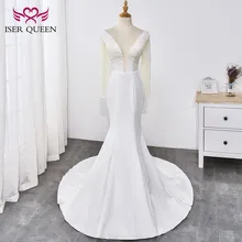 Сексуальное винтажное свадебное платье русалки с глубоким v-образным вырезом и аппликацией из бисера с длинными рукавами из мягкого атласа на шнуровке Vestido De Novia WX0034