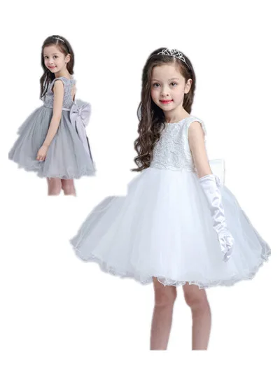 BABY WOW Baby Clothes Girl 1 Year Birthday Dress Christening Gowns Ivory Gray Bow Dresses Back