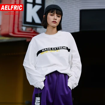 

Aelfric Summer Women Long Sleeve T Shirt Casual Stripe Letter Printed Patch Tops 2019 Couple Harajuku T-Shirt Cotton Streetwear