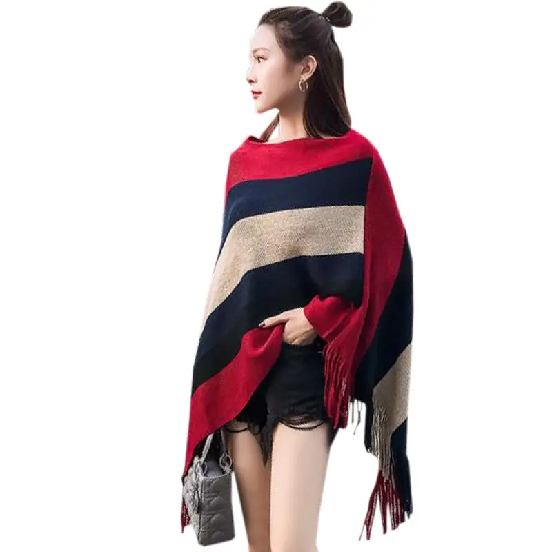 Irregular Cape Fashion Tassel Cloak Women Big size Pullovers 2020 New Knitted Shawl Sweater Loose Striped Knit Jacket f340 |