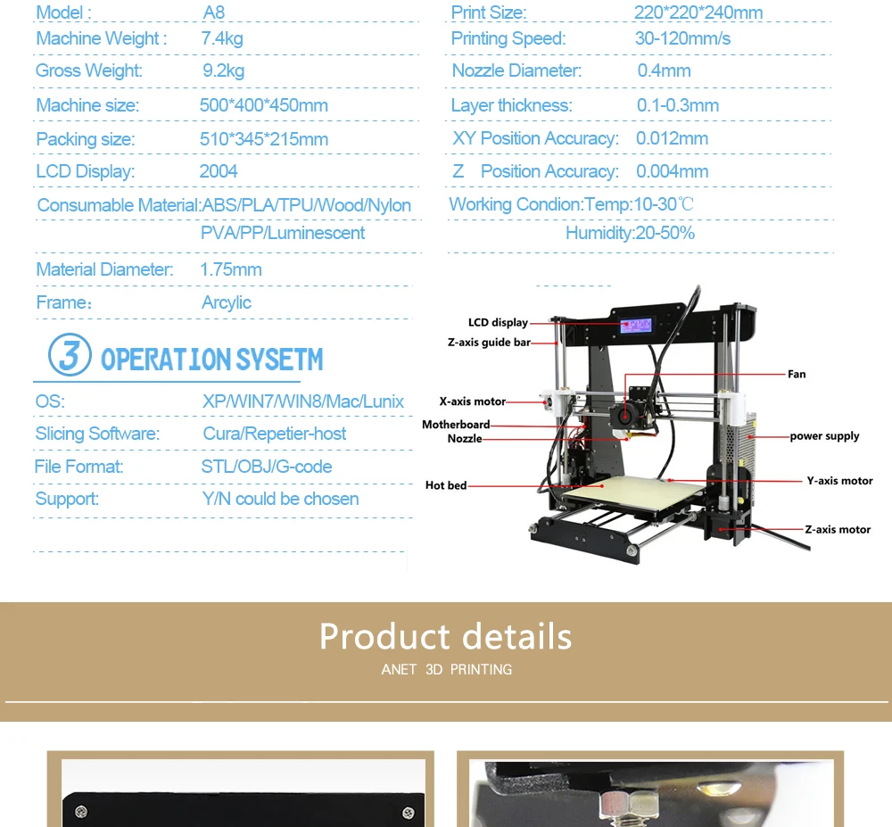 Anet A8 FDM 3д принтер Полный комплект для поделок Размер печати 220x220x240mm Высокоточный экструдер с насадкой impresora 3d-принтер с нитью из Москвы Дешевый принтер