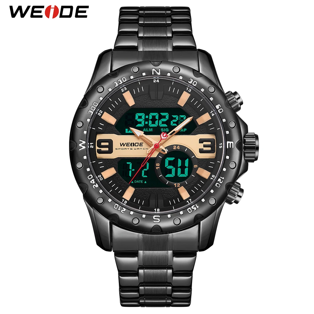 WEIDE Мода& Повседневное Кварцевые Спортивные Водонепроницаемые наручные часы Мужские Роскошные Аналоговые ЖК-дисплей; часы из черной нержавеющей часы со стальным браслетом
