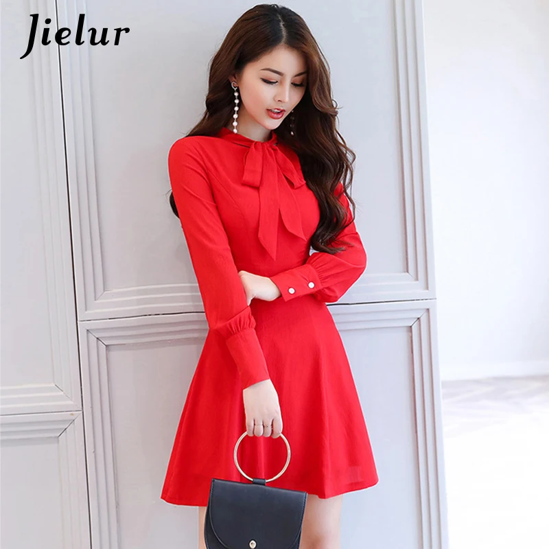 Jielur Charming Kpop Bow Elegant Dress Women A Line Sky Blue Mini Dresses Red Solid Color S-XL Slim Roupas Feminina Dropshipping Dresses