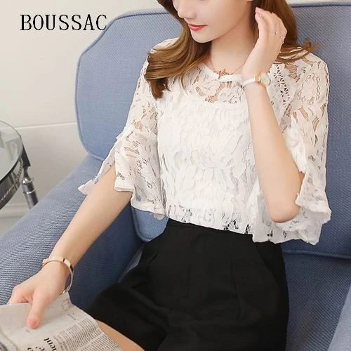 2018 blusas mujer de moda verano blusa femenina encaje blusa manga trompeta camisa señora Slim body color sólido|Blusas y camisas| - AliExpress