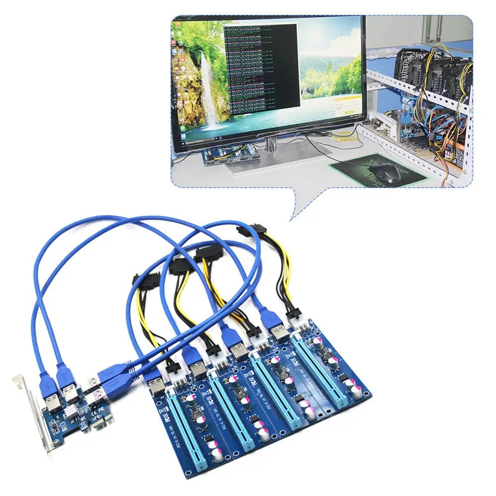 

PCI-E 1X to 4 PCIE 16X Slots Riser External Adapter PCI-E Port Card Cable Board Set XXM8