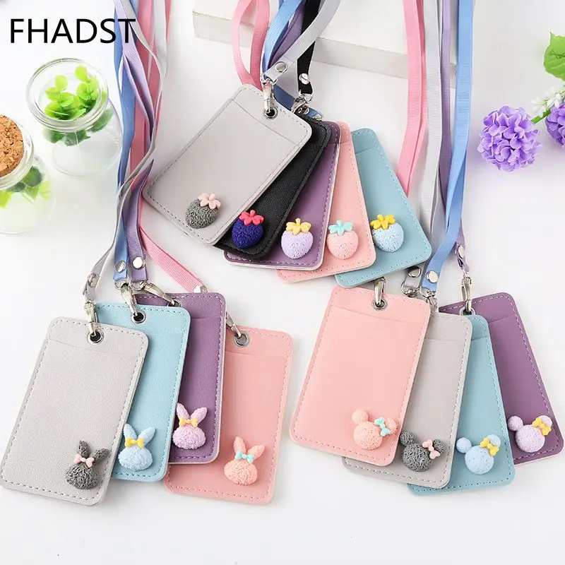 

FHADST Cartoon Candy Leather Card Holder Students Bus Card Case Lanyard Girl Cute Rabbit Door Work Identity Badge 2 Cards Cover