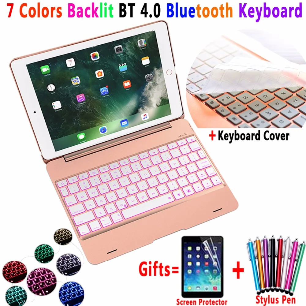 7 Color Backlit Aluminum Alloy Wireless Bluetooth Keyboard Smart Case Cover for Apple iPad 9.7 2017 2018 Air 1 A1822 A1893 A1954