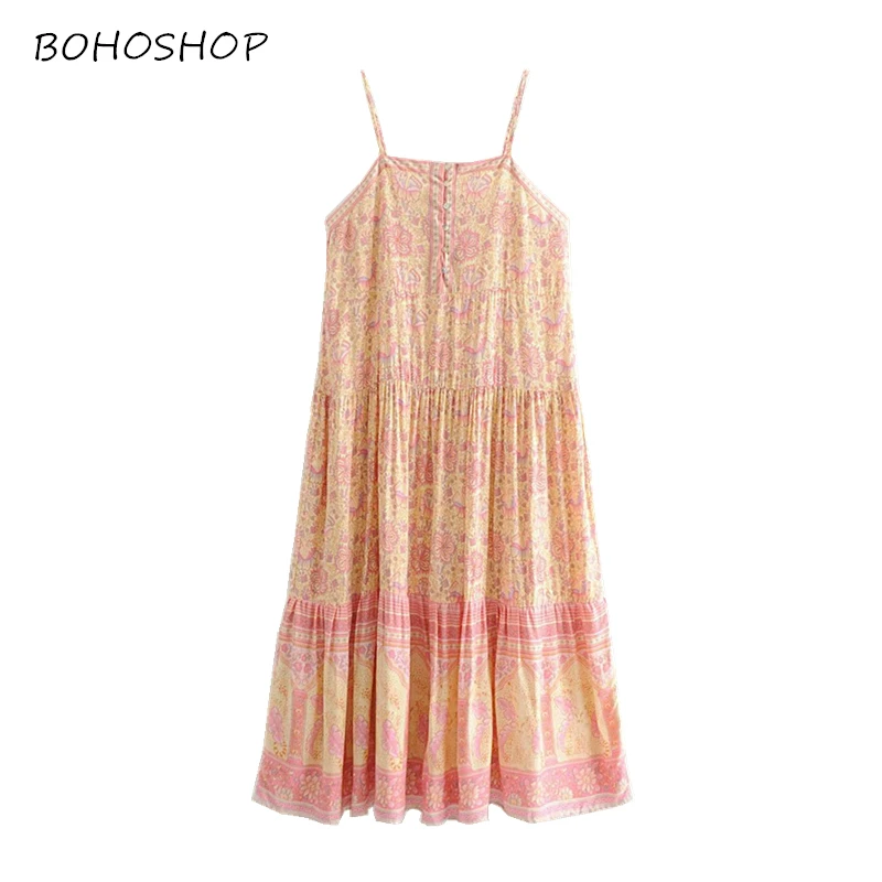 

Boho chic women pink floral print sleeveless Bohemian Spaghetti Strap dress Ladies Summer rayon Maxi Boho dress vestidos