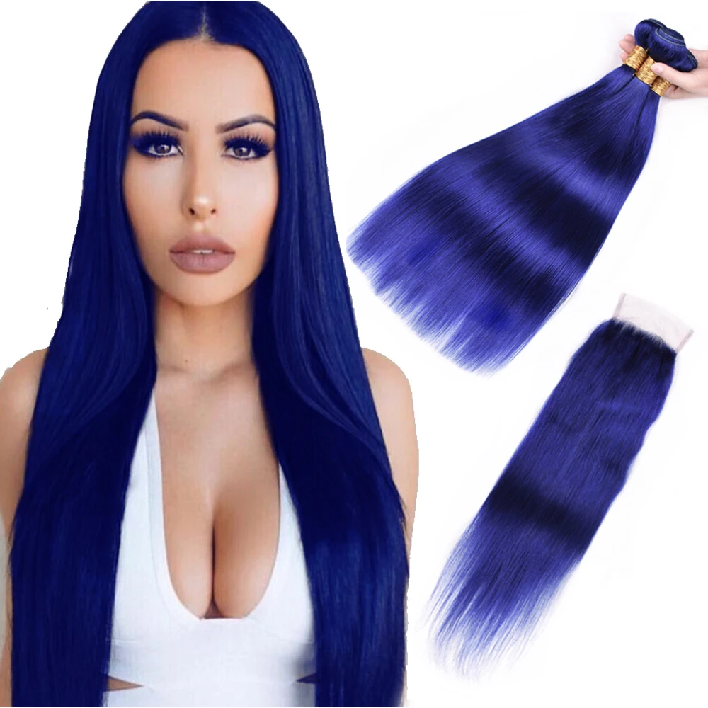 Sapphire Straight Human Hair Bundles With Closure Blue Color Human Hair