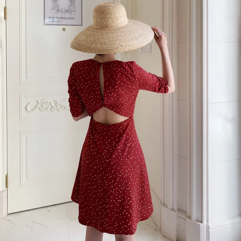 Женское сексуальное красное платье в горошек с открытой спиной, Vestidos, новое летнее французское Ретро винтажное платье с глубоким v-образным вырезом, тонкое ТРАПЕЦИЕВИДНОЕ мини-платье, вечерние платья