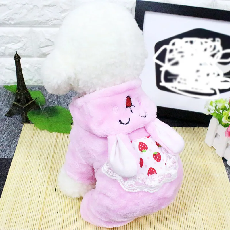 Cute Cartoon Rabbit Ears Pets Dog Clothes Strawberry Pattern Velvet Winter Warm Small Jumpsuit Puppy Pet Hoodies Coats | Дом и сад