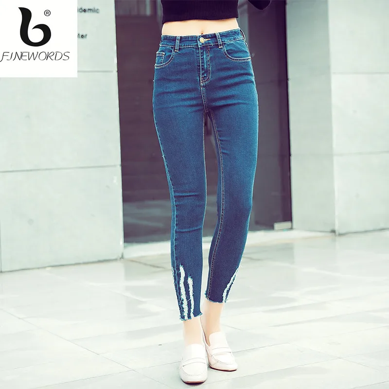 FINEWORDS Causal Buttom Ripped Elasticity Skinny Jeans Woman Push Up Denim Pant Legging 3 Color Plus