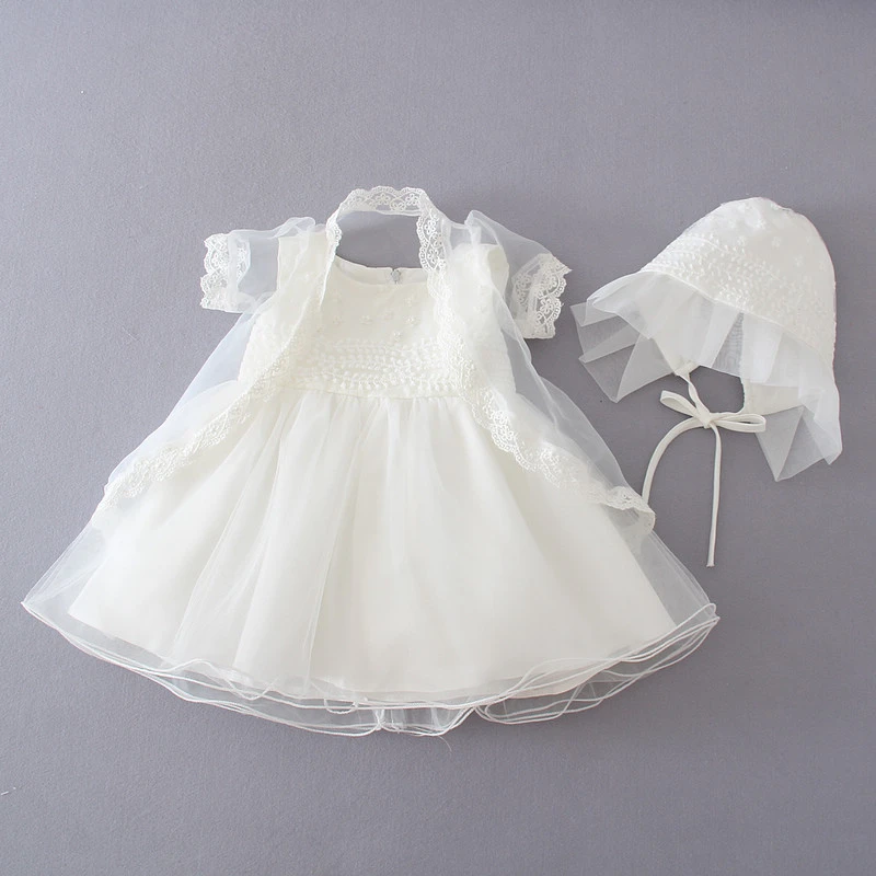 3 unids/set vestido blanco para de bebé niña vestido bautismo + abrigo + sombrero recién encaje vestidos de bautizo ropa de bautismo 1 año vestido cumpleaños|baptism dress|baptism clotheslace