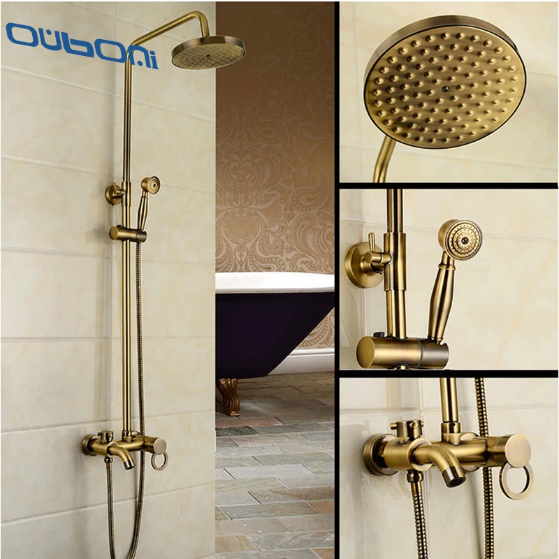 OUBONI New Arrival Antique Brass Shower Faucet Set 8 Inch Shower Head Hand Shower Sprayer Wall Mounted Mixer Tap