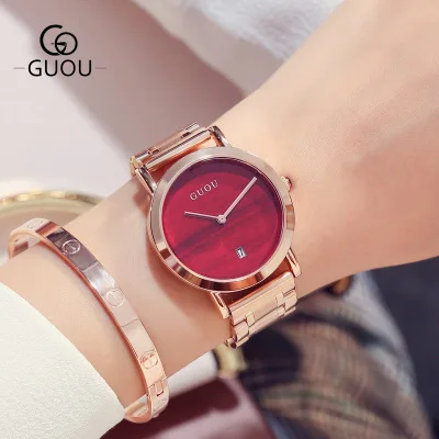 

GUOU Top Brand Luxury Ladies Watches simple style Fashion double pin with calendar Watch Women Full steel quartz Watch Relogio