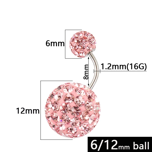 Belly button ring 6/12 mm ball 16G not allergic stainless steel piercing aurora white pink top quality navel bar body jewelry - Окраска металла: Pink length 8mm